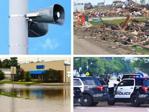 four photos showing a tornado siren, tornado damage to a neighborhood, a flooded street, and police vehicles stopped in a road