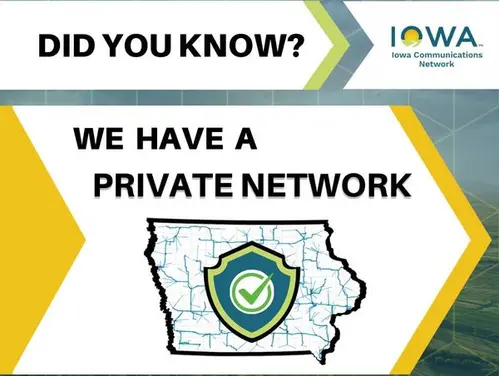 infographic showing the ICN network on a map of Iowa with a cybersecurity shield over it