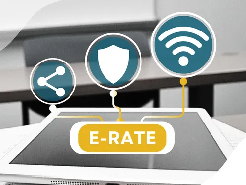 a school tablet with  "E-rate" and three service icons connected to it and attached to the screen