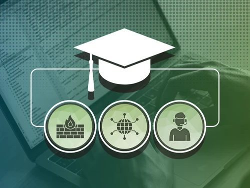 a graduation cap being supported by three services: firewall, DDoS mitigation, and cybersecurity training