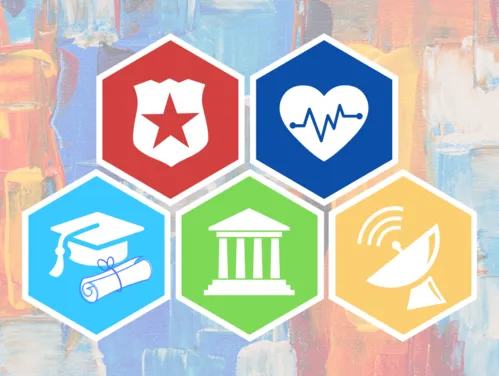 Icons representing public safety, healthcare, government, and education