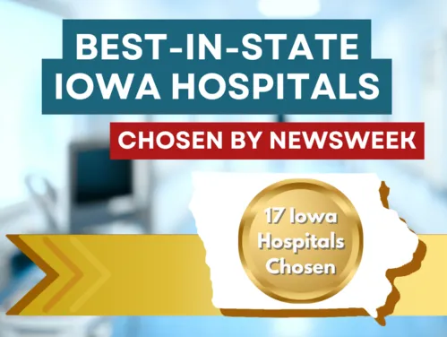 A golden medal featuring the inscription "17 Iowa Hospitals Selected" placed on the state of Iowa.