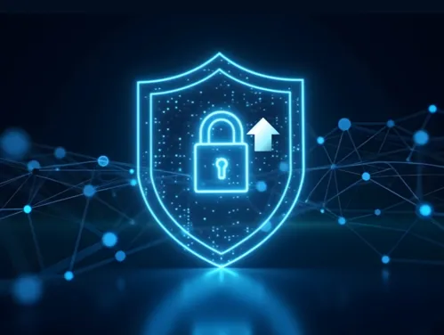 A bright neon cybersecurity shield featuring an upward-pointing arrow next to a padlock in the middle.