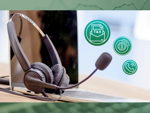 A call center headset rests on a laptop, with tax and revenue icons in bubbles next to its microphone.
