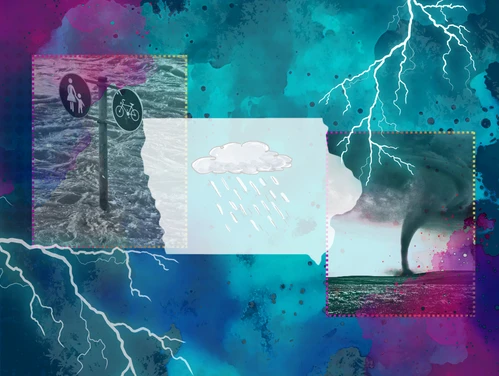 a creative depiction of various types of weather occurring throughout the state of Iowa