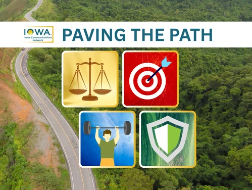 The phrase "Paving the Path" is displayed above four infographics that illustrate four key goals: integrity, customer focus, reliability, and security.