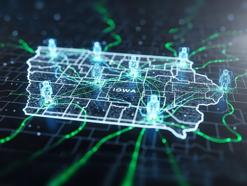 a digital map of Iowa showing people connected by the ICN fiber optic network