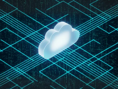 A digital cloud with several fiber optic cables connecting to it