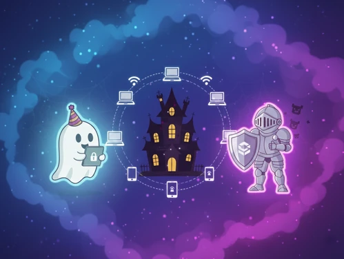 a cartoon ghost and spooky knight are improving the cybersecurity of a haunted house