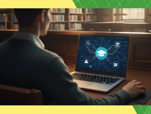 high school student looking at SYBAC resources on a laptop in a library