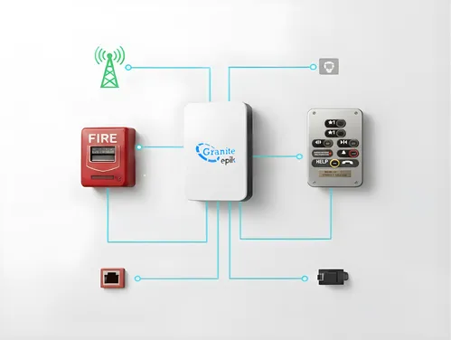 A close-up view of a modern elevator emergency call button and a cellular link device mounted on a white wall
