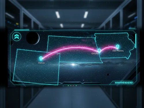 Map showing the connections between Des Moines, Omaha, and Denver for this 100gb upgrade