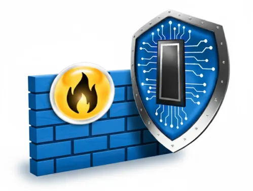 digital brick wall with a firewall icon on it next to a cybersecurity shield
