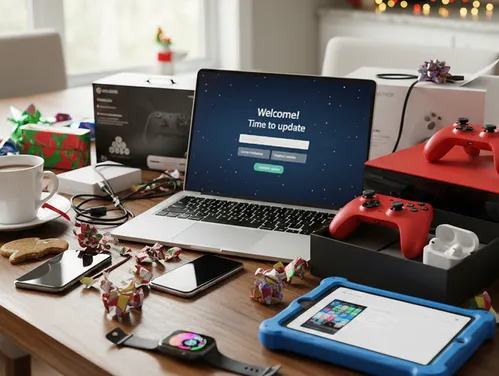 Several new Christmas gift devices opened and ready for new passwords and logins