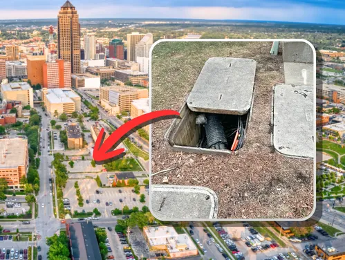 Downtown Des Moines with an inserted image showing an ICN handhole/hub being moved to a new location