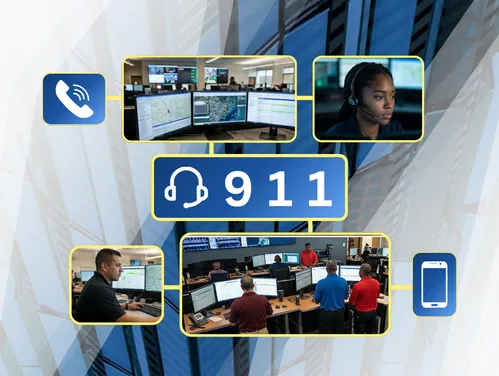 An infographic showing the 911 emergency network, featuring a central dispatcher headset connected to surrounding phones, operators, and PSAPs.