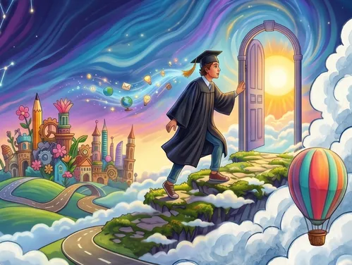 Graduate leaving the realm of childhood dreams to open the door of career opportunities surrounded by possibilities