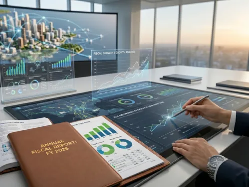 A desk covered in graphs and materials about network efficiency and fiscal reporting