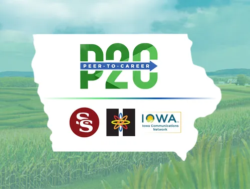 Map of Iowa with the Peer to Career logo at the top with South Slope Coop, Harlan Municipal Utilities, and the ICN logos underneath showing them connected
