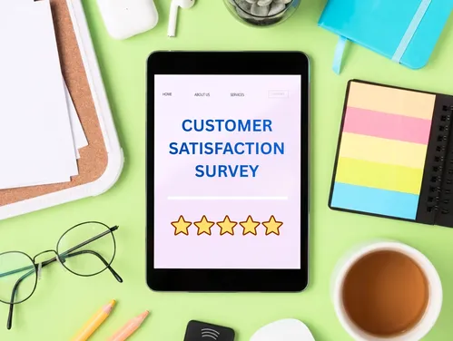 customer's tablet showing a survey with 5 gold stars selected