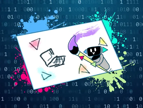 Patch the Robot painting a cybersecurity awareness poster for the ICN contest