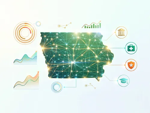 Map of Iowa with financial graphs and charts around it
