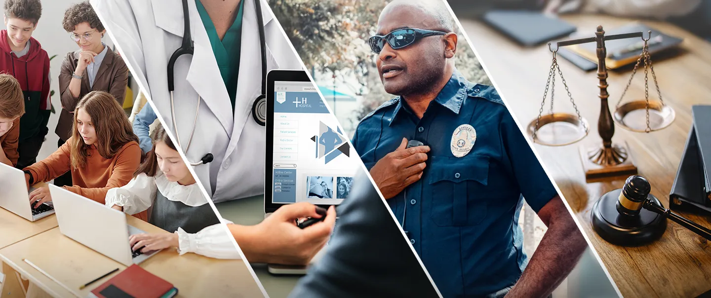 Photo gallery with images that represent Education, Healthcare, Public Safety, and Government