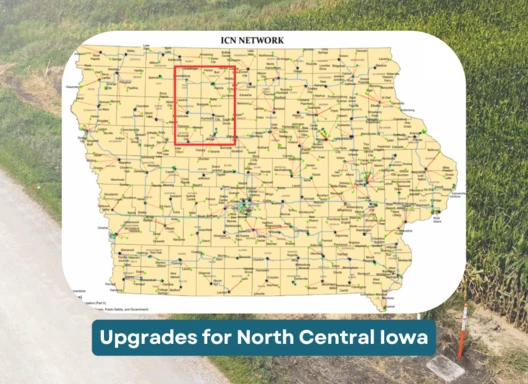 A map of Iowa highlighting the North Central area with a box around it, indicating where the upgrades occurred.