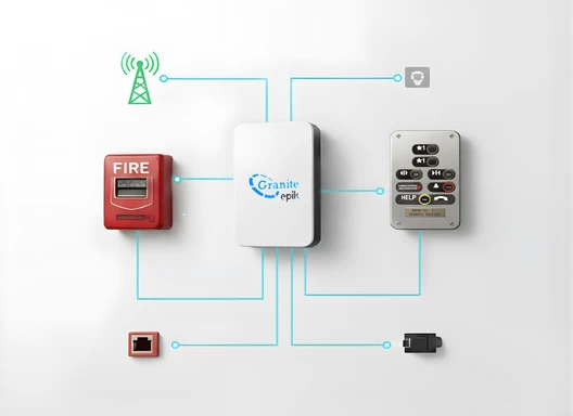 A close-up view of a modern elevator emergency call button and a cellular link device mounted on a white wall