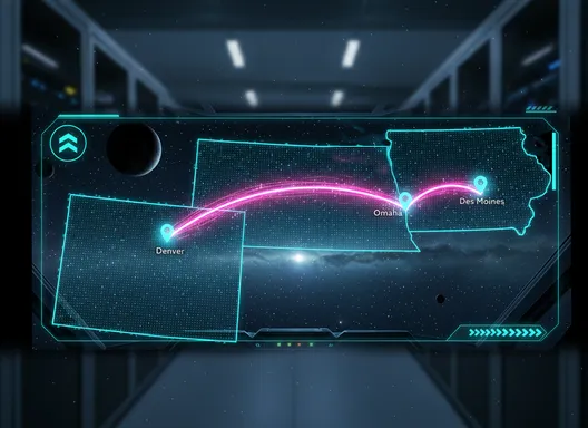 Map showing the connections between Des Moines, Omaha, and Denver for this 100gb upgrade