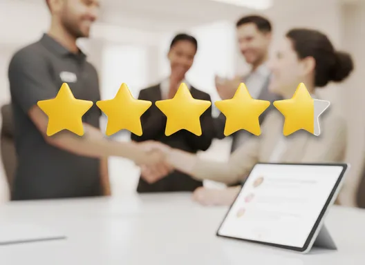 Close-up of people shaking hands with a gold 4.7 gold star review graphic.