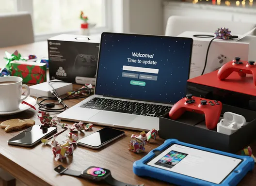 Several new Christmas gift devices opened and ready for new passwords and logins