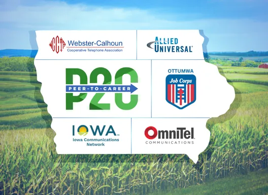 Peer to Career logo with several Part III partner logos, connected together on a map of Iowa