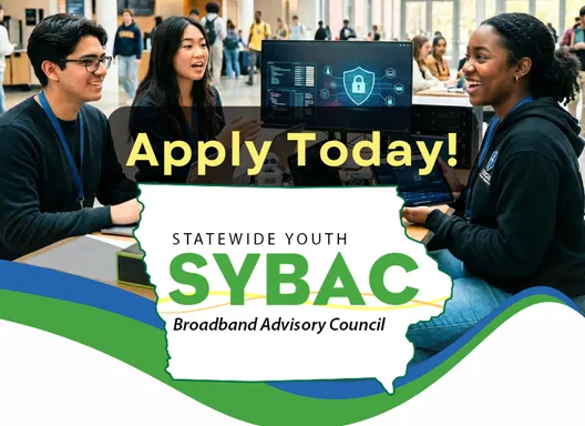 three students chatting over technology and cybersecurity with the words "Apply Today" and the ICN SYBAC logo underneath