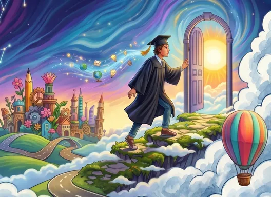 Graduate leaving the realm of childhood dreams to open the door of career opportunities surrounded by possibilities