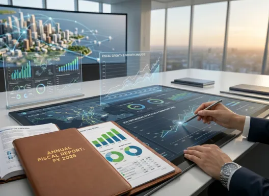 A desk covered in graphs and materials about network efficiency and fiscal reporting
