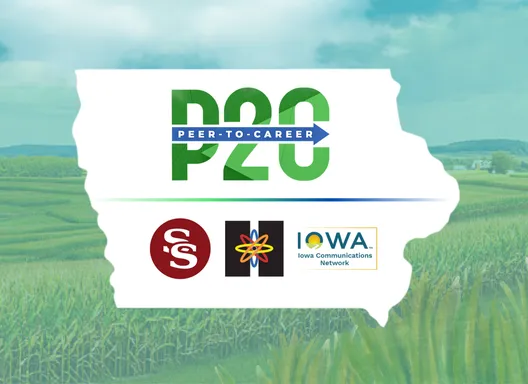 Map of Iowa with the Peer to Career logo at the top with South Slope Coop, Harlan Municipal Utilities, and the ICN logos underneath showing them connected