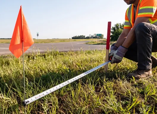 worker measuring the distance between flag and construction site with a measuring tape