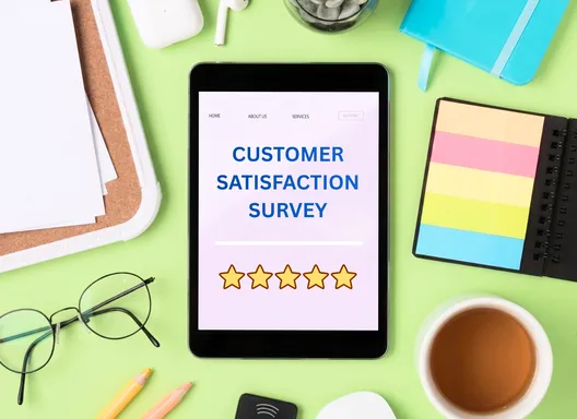 customer's tablet showing a survey with 5 gold stars selected