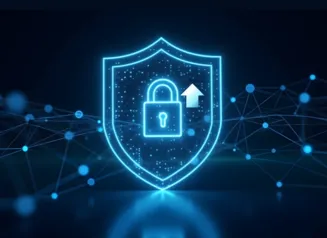 A bright neon cybersecurity shield featuring an upward-pointing arrow next to a padlock in the middle.