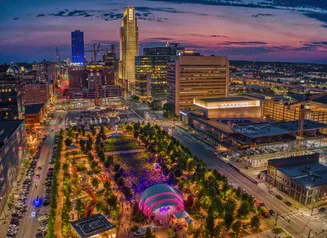 Aerial view of the Omaha, Nebraska skyline at dusk