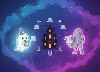 a cartoon ghost and spooky knight are improving the cybersecurity of a haunted house
