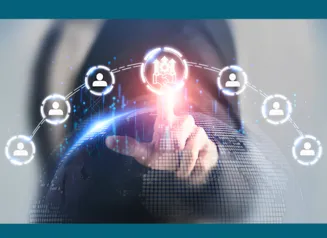 A hand pointing at a glowing digital icon of a handshake and gears, surrounded by an arch of connected user profile icons over a digital globe.