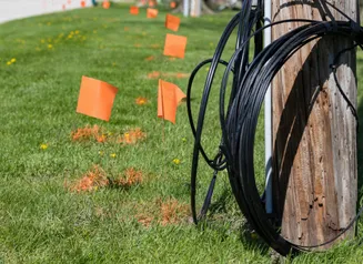 Underground utilities marked and flagged near a telephone pole