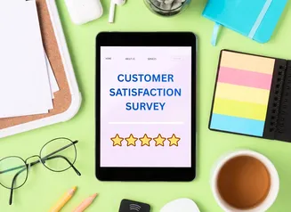 customer's tablet showing a survey with 5 gold stars selected
