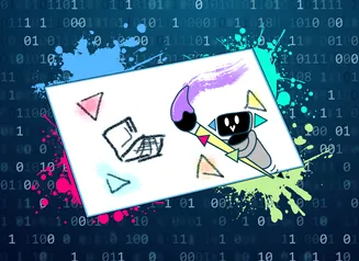 Patch the Robot painting a cybersecurity awareness poster for the ICN contest