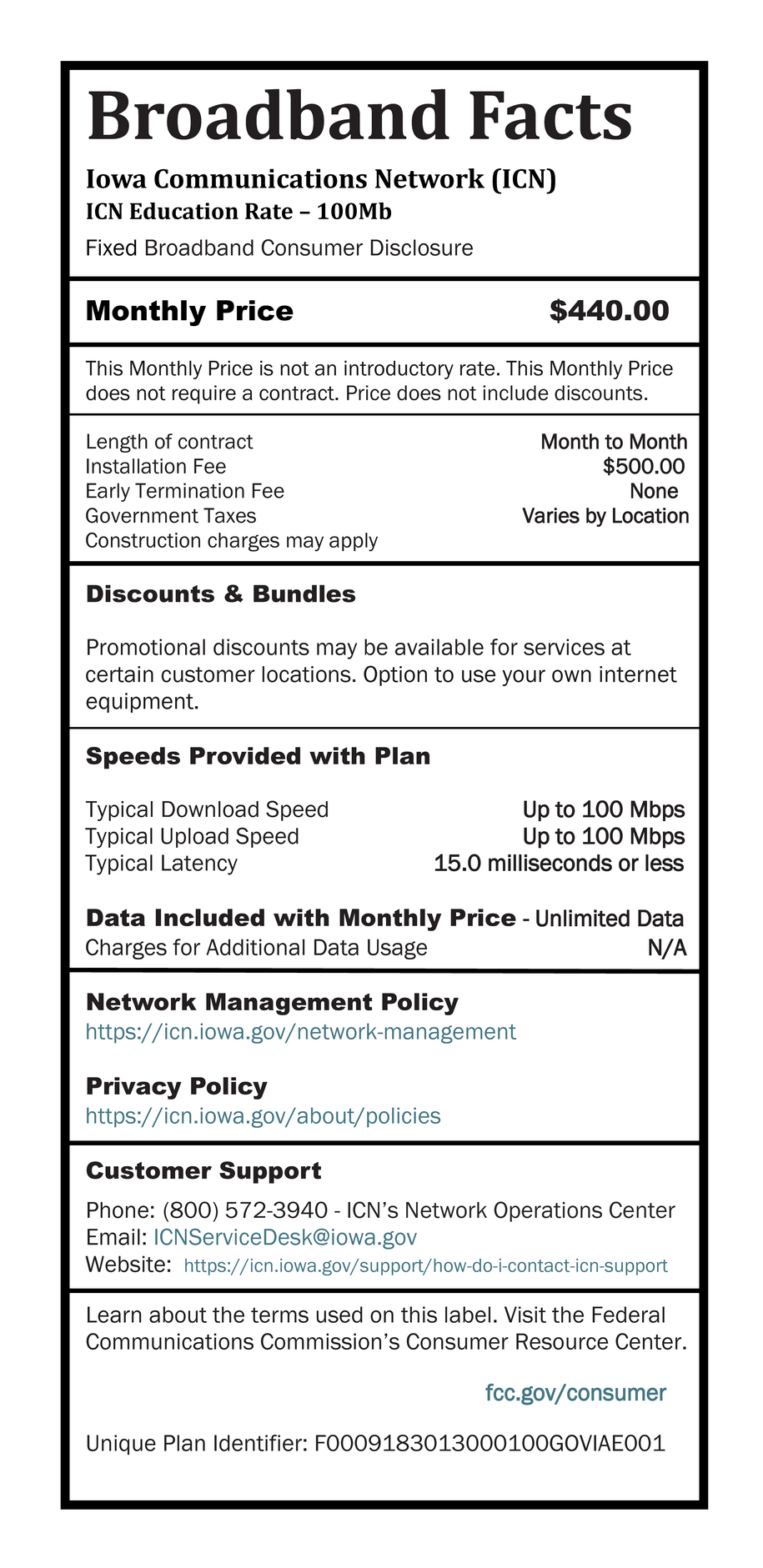 ICN Broadband Label, Education Rate – 100Mb