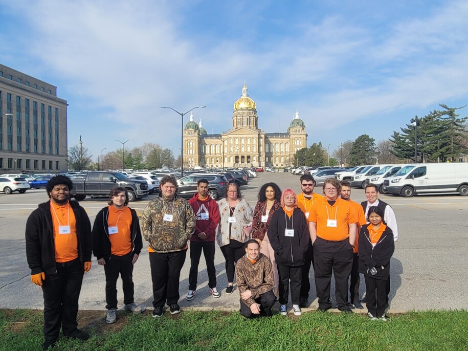 Students in front of the Iowa Capitol.
