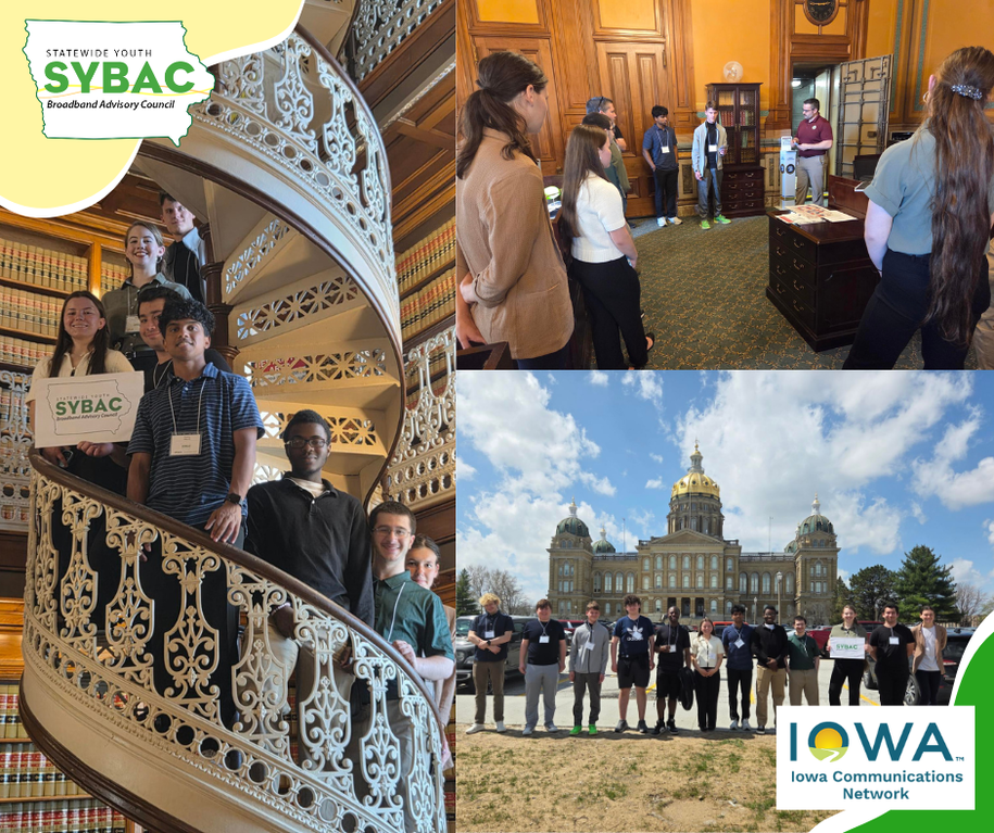 Three photos of Iowa Youth Broadband Council's visit at the Capitol Complex in Des Moines